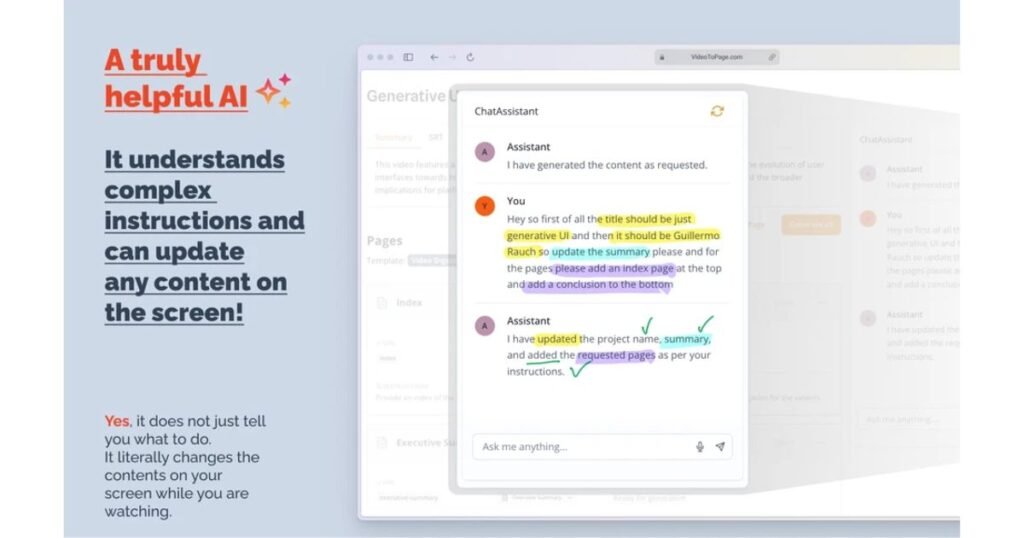 VideoToPage chat assistant